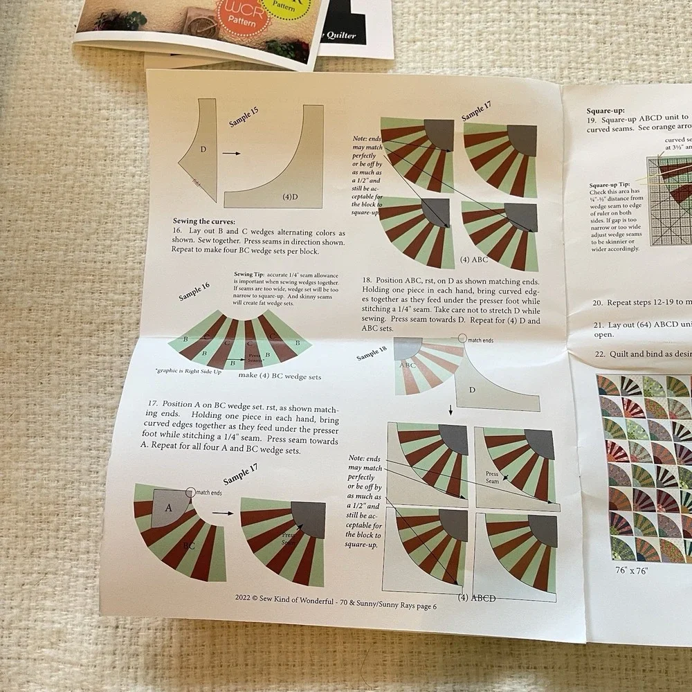 Sew‎ Kind Of Wonderful Quilt Set 70 & Sunny Rays Pattern Kit Fabric 76x76 Curve